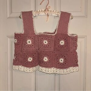 Handmade Crochet Square Crop Top - Dusty Rose & Cream